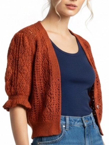Crochet Cardigan Autumn Romantic Layers Puff Sleeves Feminine Cotton Blend M